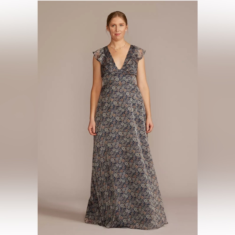 DB Studio Plunging Printed Chiffon Gown with Ruffles 12
